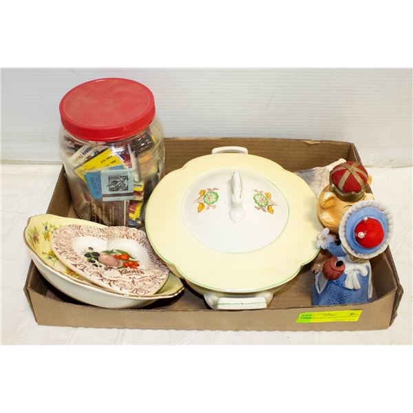 2 DECORATIVE SEWING FIGURINES, SEA SHELLS, ASST