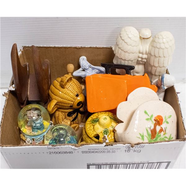 3 SNOW GLOBES, VINTAGE JAM CONTAINERS, VINTAGE