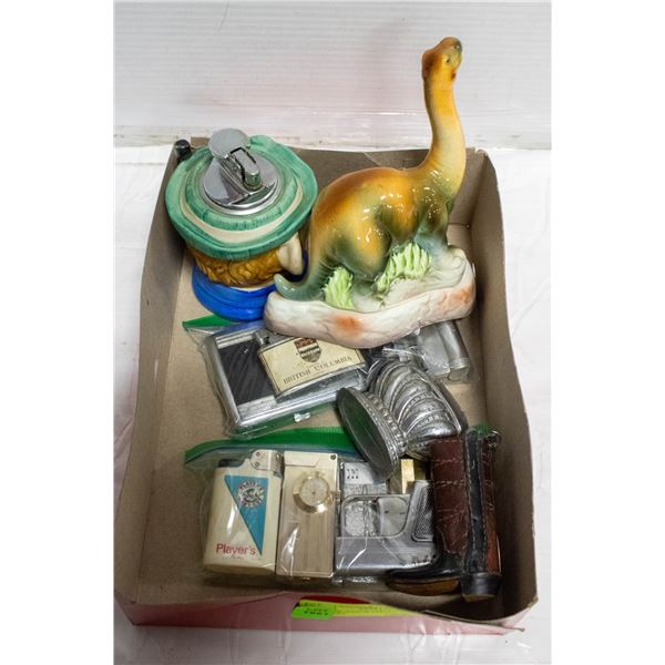 GLAT OF ASSORTED LIGHTER AND HOLDERS + VINTAGE