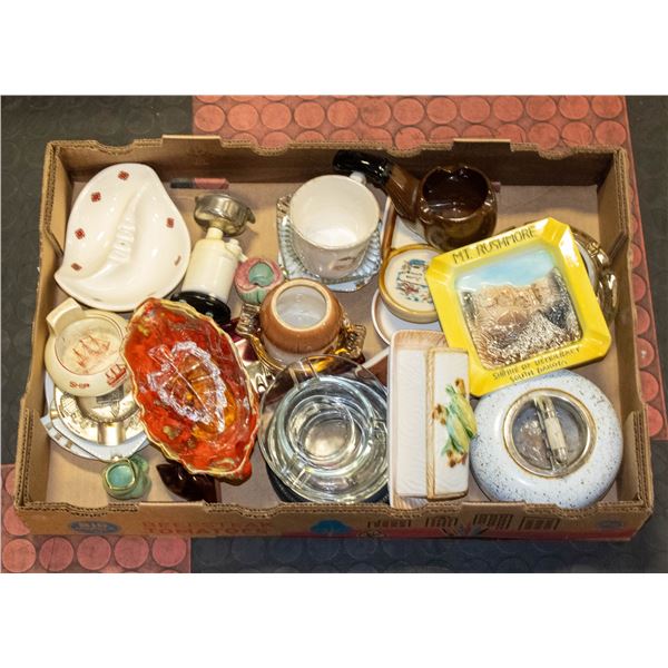 FLAT OF ASSORTED ORNATE ASHTRAYS + ASST CERAMIC