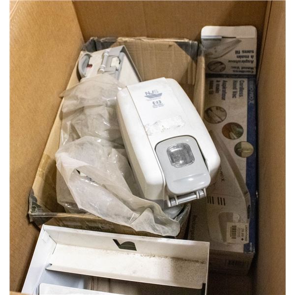 BOX OF SOAP & PAPER TOWEL DISPENSERS