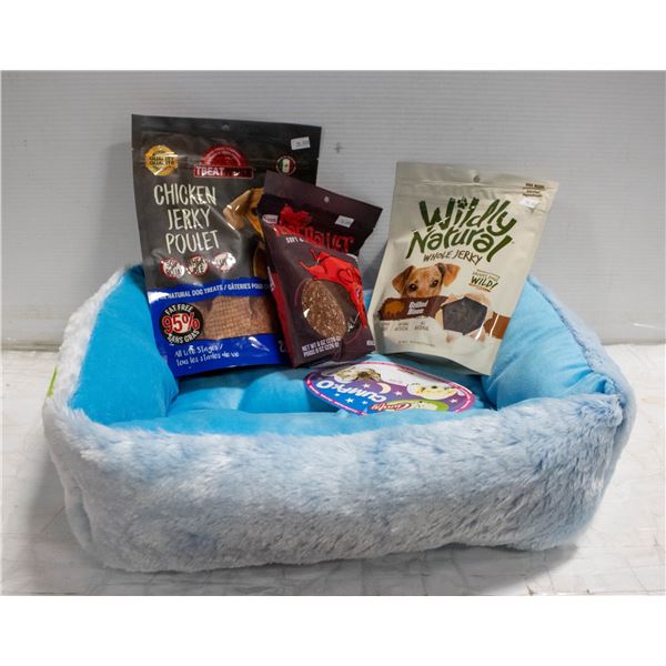 BLUE PLUSH SIZE SMALL PET BED SOLD WITH TREATS