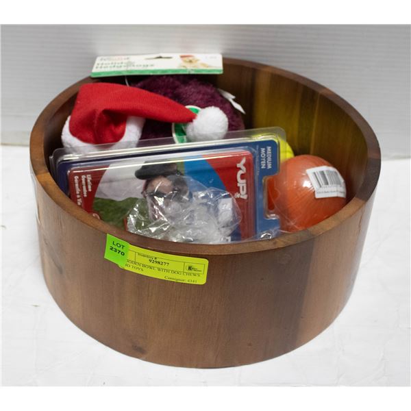 WOODEN BOWL WITH DOG CHEWS AND TOYS