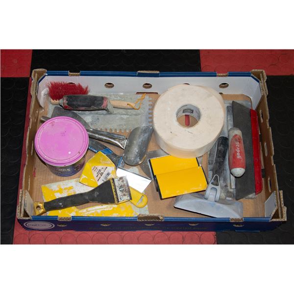 LARGE FLAT OF DRWYALL TOOLS AND SUPPLIES