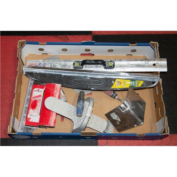 LARGE FLAT OF DRYWALL SCRAPERS AND TOOLS