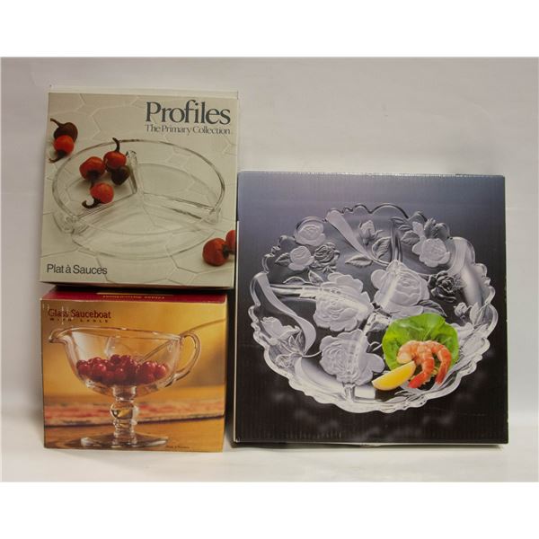 GLASS SERVING DISHES IN BOX- LOT OF 4 ASSORTED