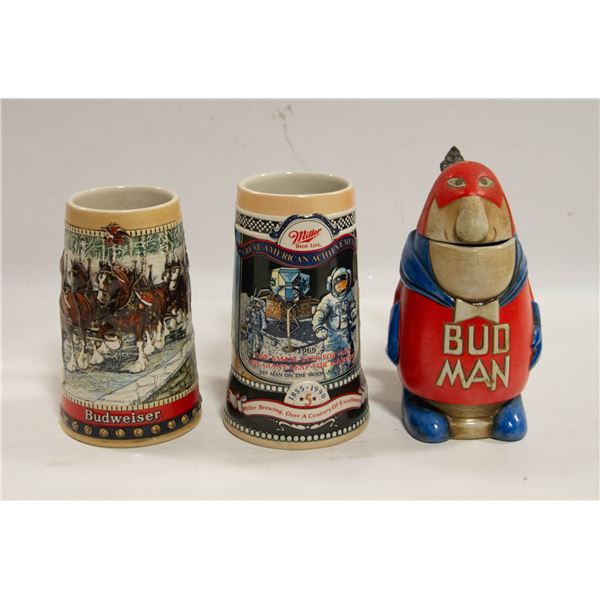 3 US BEER STEINS BUD MILLER