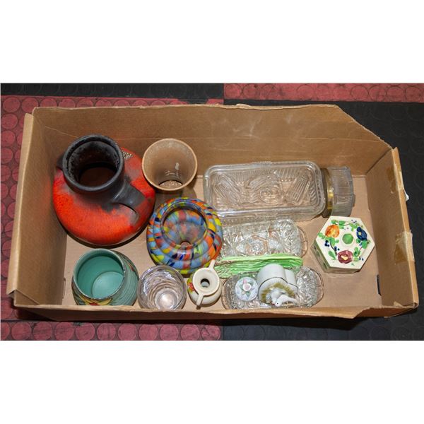 FLAT VINTAGE ASSORTED VASES, ORNATE BUTTER DISHES