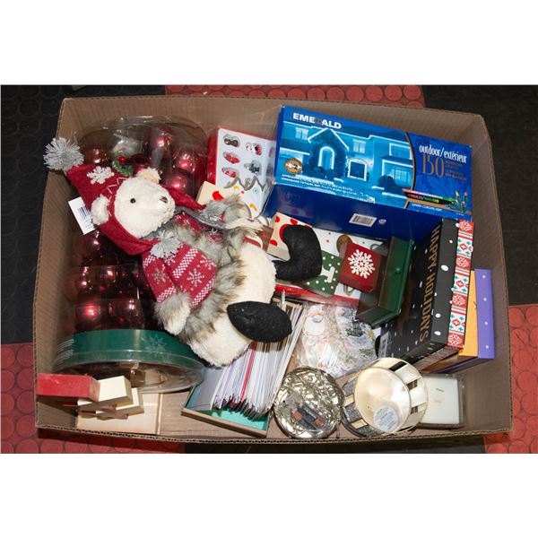 BOX WITH RED CHRISTMAS ORNAMENTS, NEW BOX