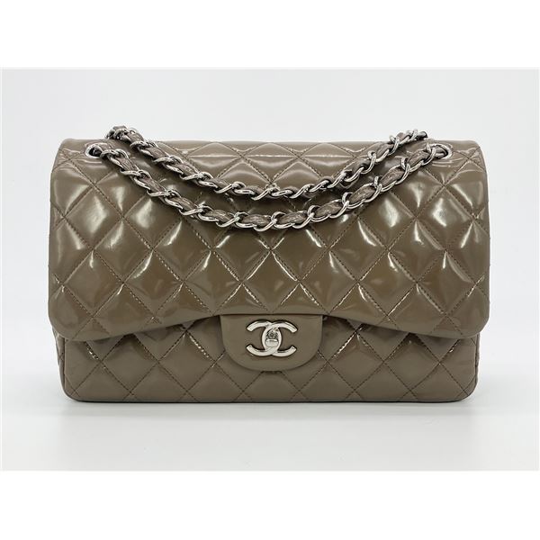 Chanel Olive Grey Patent Leather Jumbo Double Flap Classic 2.55