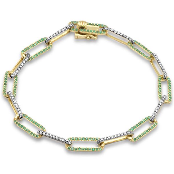 0.54ct, 0.82ct 14K Yellow Gold Diamond & Emerald Gemstone Paper Clip Link Bracelet 7" Long