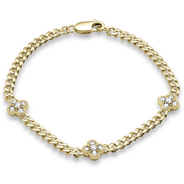 0.59ct 14K Yellow Gold Diamond Cuban Chain Flower Bracelet 7" Long