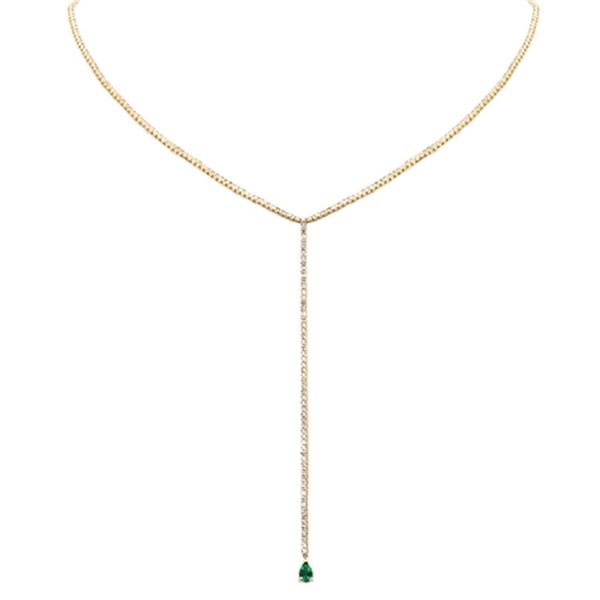2.66ct 14K Yellow Gold Diamond Pear Shaped Emerald Gemstone Tennis Drop Y Lariat Necklace 14+4'Ext