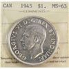 Image 2 : 1945 King George VI Canadian Silver Dollar ICCS-MS-63