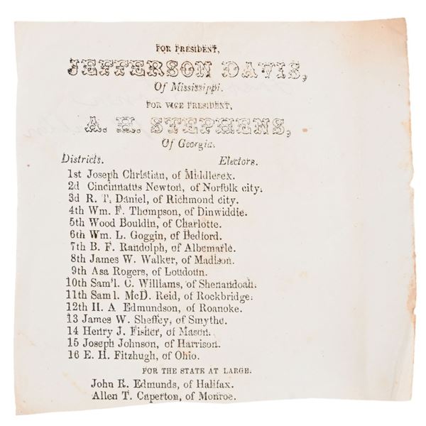 1861 Electoral Ticket for Jefferson Davis