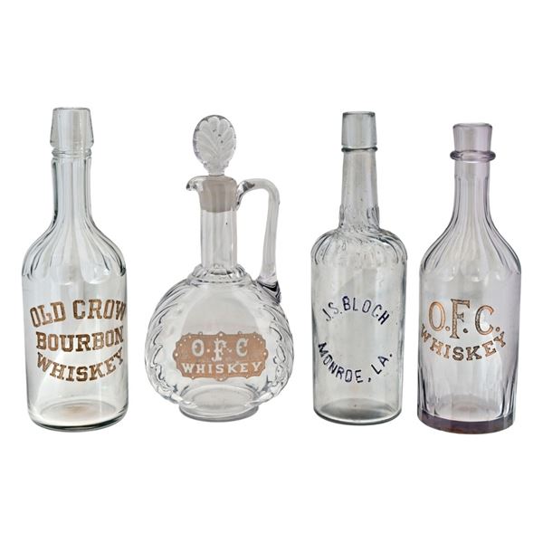 O.F.C. Whiskey Glass Decanter and (3) Bottles.