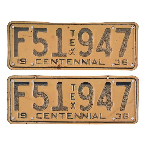 (2) Texas Centennial 1936 Matching License Plates