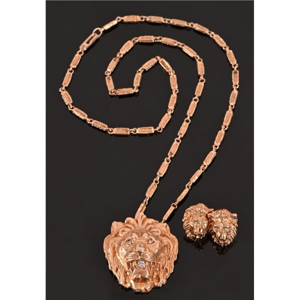 14K Gold Lion Heads Necklace and Earrings