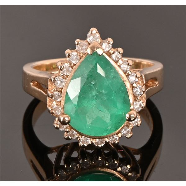 14K Gold Pear Shaped Diamond & Emerald Ring