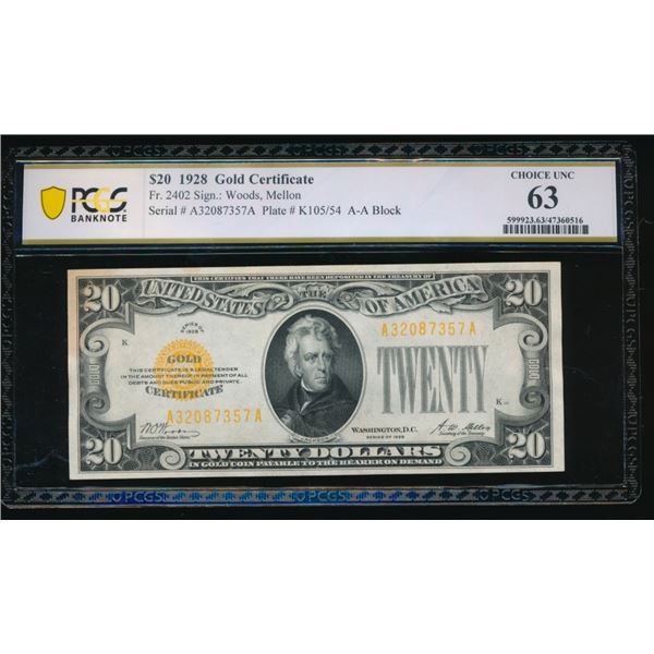 1928 $20 Gold Certificate PCGS 63