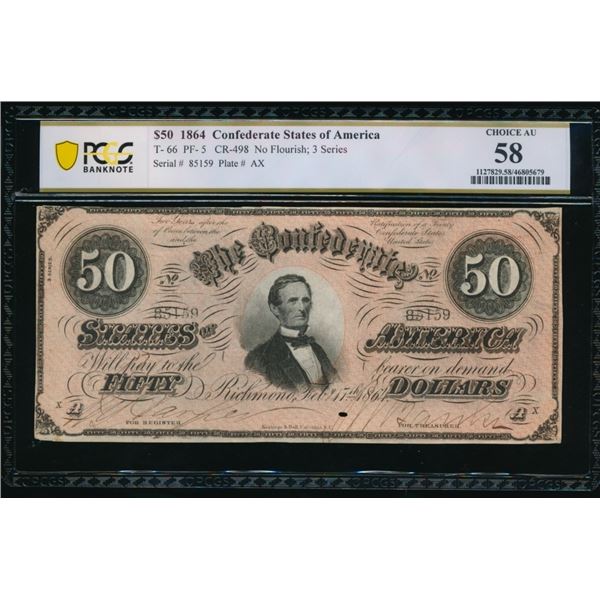 1864 $50 T-66 Confederate PCGS 58