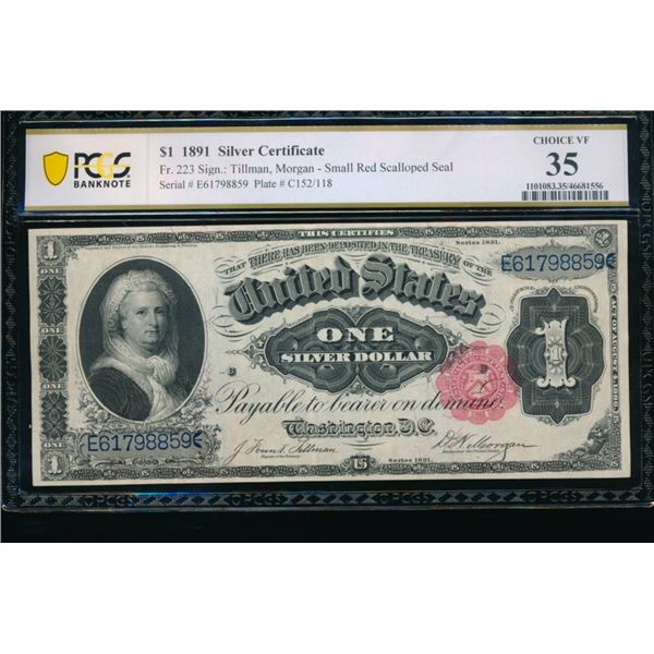 1891 $1 Martha Washington Silver Certificate PCGS 35