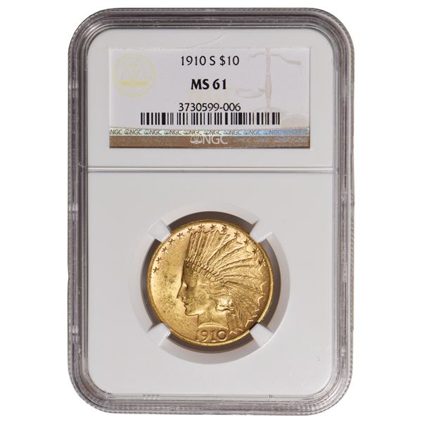 1910-S $10 Indian Head Eagle Gold Coin NGC MS61