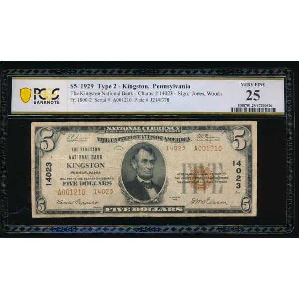 1929 $5 Kingston PA National PCGS 25