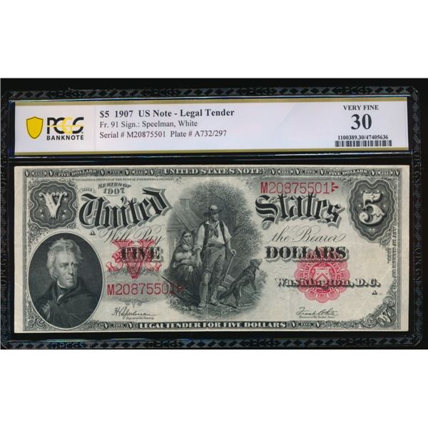1907 $5 Legal Tender Note PCGS 30
