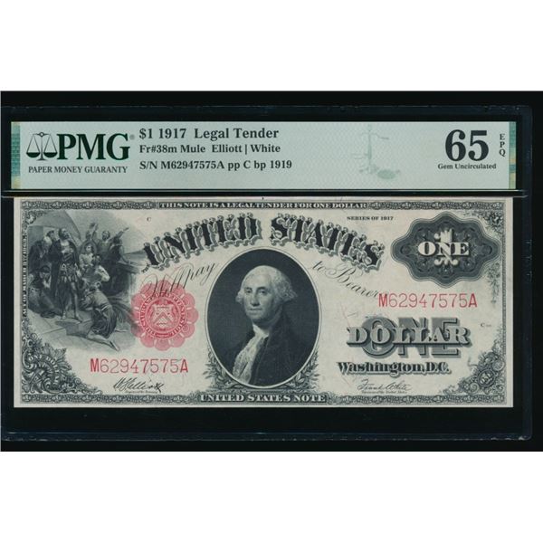 1917 $1 Mule Legal Tender Note PMG 65EPQ