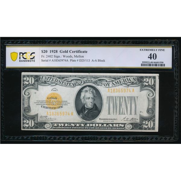 1928 $20 Gold Certificate PCGS 40