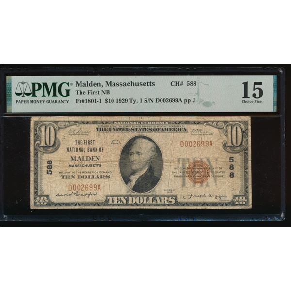 1929 $10 Malden MA National PMG 15