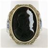 Antique Art Deco Men's 10k Gold Agate Double Cameo & Shield Cut Aquamarine Ring