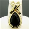 14k Solid Yellow Gold Pear Shaped Cabochon Bezel Black Onyx Teardrop "X" Pendant