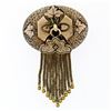 Image 1 : Antique Victorian 14K Gold Black Enamel Leaf Etched Tassel Dangle Brooch Pin