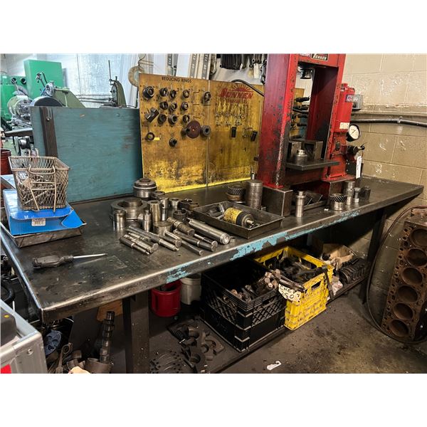 93" METAL TABLE WITH SUNNEN BP-10 PRESS AND ACCESSORIES. INCLUDES ENERPAC HYDRAULIC PULLER.