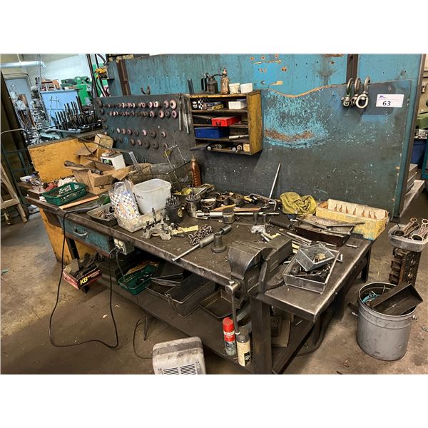 8'X32  METAL WORK BENCH WITH 4  VICE AND CONTENTS; DRILL BITS, DIES, VALVE SEAT GRINDING STONES,