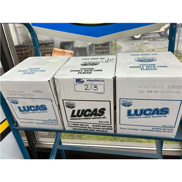 3 CASES LUCAS OIL. 10-40 HOT ROD OIL, 10-30 HOT ROD OIL, SAE 30 PLUS. EACH CASE HAS 6 BOTTLES.