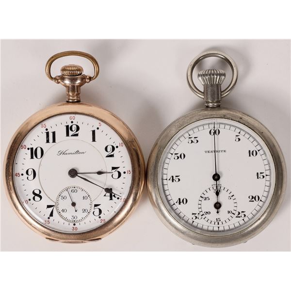 Engraved Hamilton Gold Pocket Watch and Testrite Stop Watch    [174023]