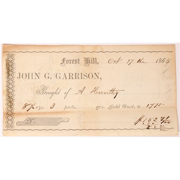 John G. Garrison - Gold Dust Receipt, rec'd from A. Huntley  1865  [169272]