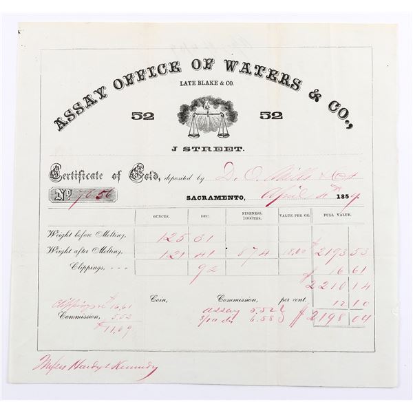 Waters & Co. - Gold Receipt, rec'd from D.O. Mills & Co. RARE!  1859  [169231]