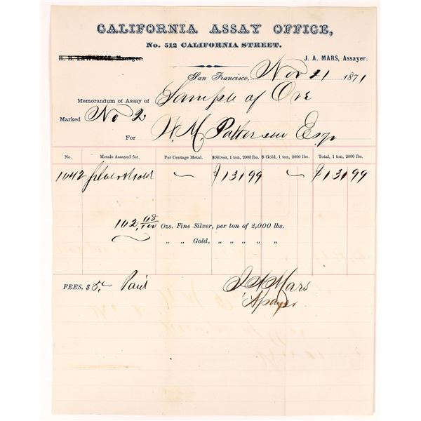 California Assay Office Memorandum Possibly for Comstock Silver  1871  [166943]