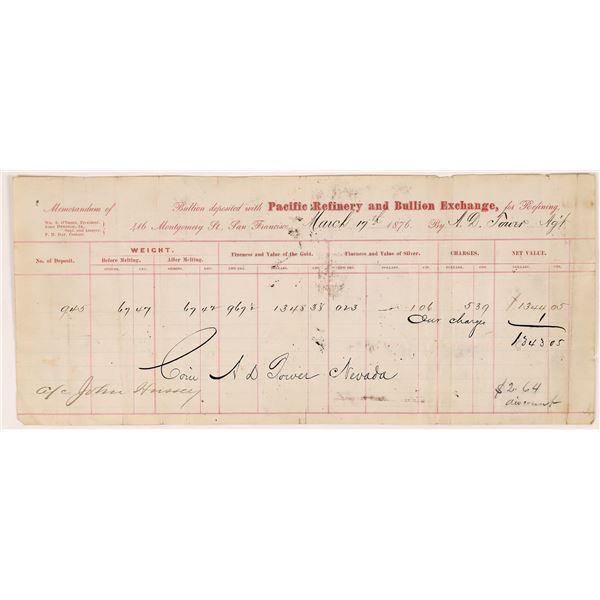 Pacific Refinery & Bullion Exchange Bullion Memorandum; Owned by the "Bonanza Kings"  1876  [166947]