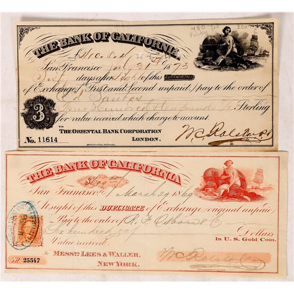 W C Ralston Signed Check Duo, c. 1869-73    [175726]