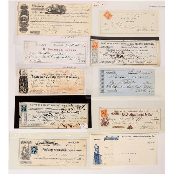 9x Central Mother Lode Bank Checks & 1x Exchange Note, 1853-69    [173916]