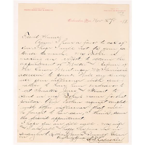 Christian Zabriskie "Seeking a Favor" Letter  1888  [170591]