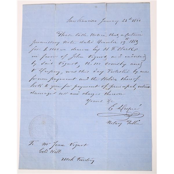 Letter to Early Comstocker Vignot With Reference to Ormsby  1860  [173858]