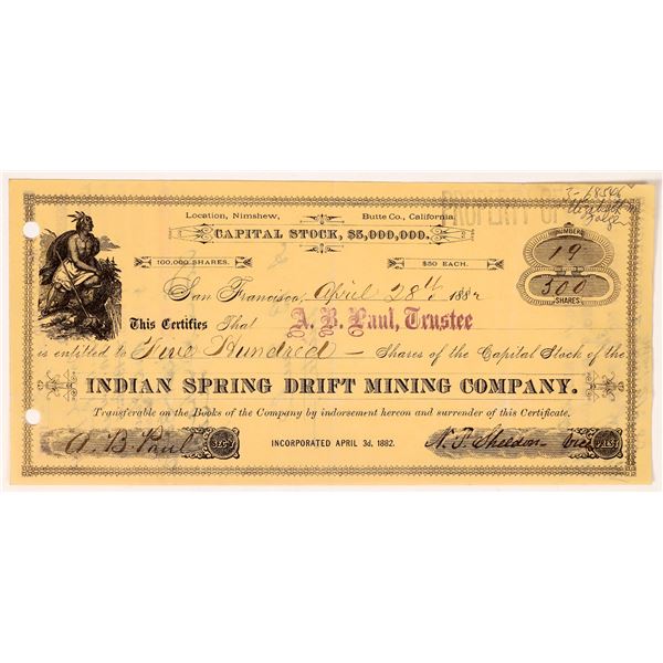 Mining Stock Issued to & Signed by Almarin B. Paul, Gold Hill Banker & Mining Man  1882  [164613]