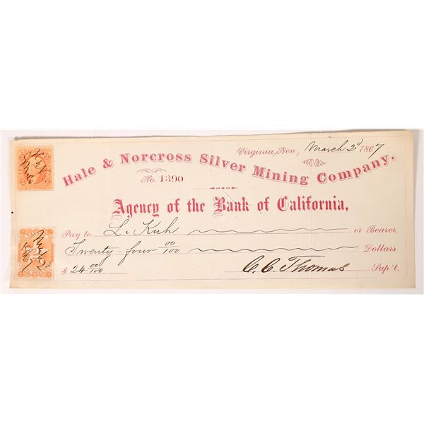 Hale & Norcross SMC Check, Leopold Kuh, Virginia City  1867  [173804]