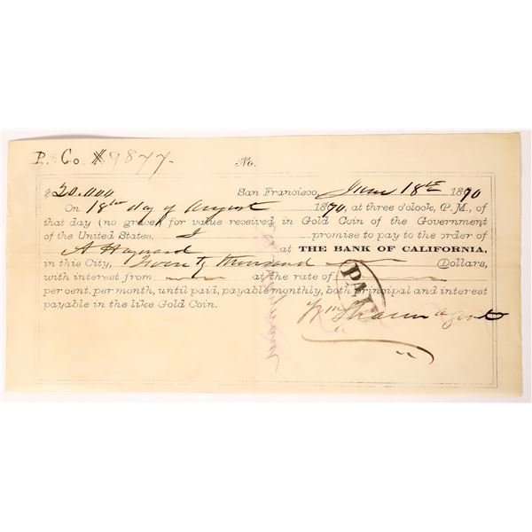 Bank of CA Promissory Note, W. Sharon, A. Hayward  1870  [173801]